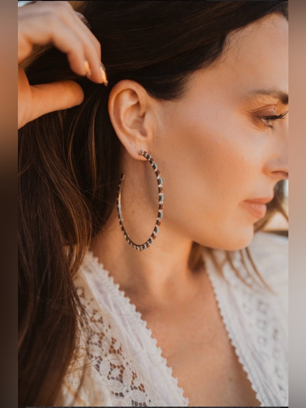 Goldie Lew Large Delicate Hoops Turquoise + Coral - Picture 2 of 5